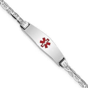 14K WG Medical Soft Diamond Shape Red Enamel Anchor Link ID Bracelet, 8"